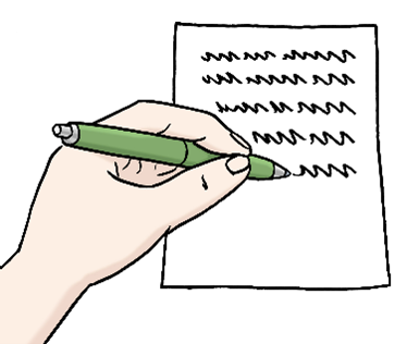 Eine Hand hält einen Stift in der Hand. Der Stift ist grün. Mit dem Stift schreibt die Hand auf ein Blatt Papier.